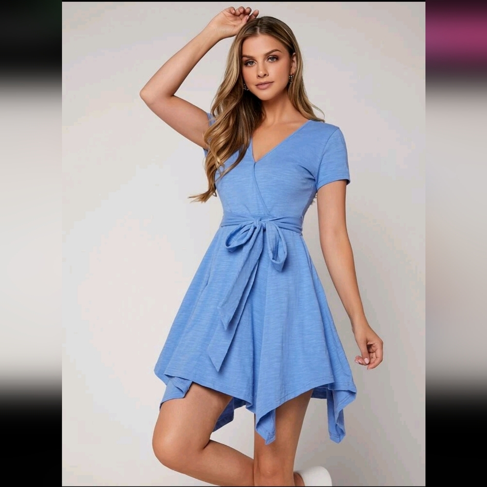 Blue Asymmetrical Hem Self Belted Dress